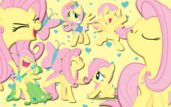 Size: 2560x1600 | Tagged: safe, artist:alicehumansacrifice0, artist:mihaaaa, artist:moongazeponies, artist:ooklah, edit, imported from derpibooru, fluttershy, clothes, cutie mark, dress, female, filly, filly fluttershy, gala dress, multeity, so much flutter, solo, wallpaper, wallpaper edit, younger