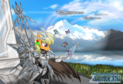 Size: 4800x3300 | Tagged: safe, artist:avchonline, imported from derpibooru, oc, oc only, butterfly, earth pony, pony, semi-anthro, absurd resolution, arm hooves, armor, bipedal, polearm, scenery, solo, weapon