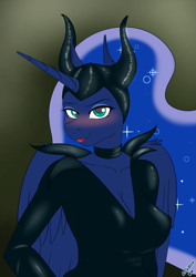 Size: 4961x7016 | Tagged: safe, artist:wolfmask, imported from derpibooru, princess luna, anthro, absurd resolution, blushing, breasts, busty princess luna, clothes, cosplay, costume, crossover, female, lipstick, maleficent, solo