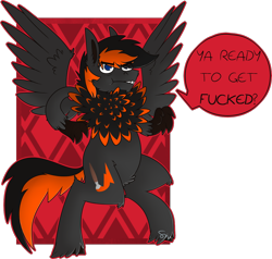 Size: 1180x1125 | Tagged: safe, artist:dr-idiot, imported from derpibooru, oc, oc only, oc:crafted sky, hippogriff, edgy, male, neck feathers, solo, swearing, threatening, unshorn fetlocks, vulgar