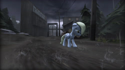 Size: 4800x2700 | Tagged: safe, artist:photomix3r, imported from derpibooru, derpy hooves, pony, 3d, absurd resolution, alone, building, factory, female, log, poster, rain, sad, saddle bag, solo, source filmmaker, telephone pole, tree, wood