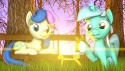 Size: 1280x720 | Tagged: safe, artist:jaygaming1, imported from derpibooru, bon bon, lyra heartstrings, sweetie drops, pony, 3d, bench, effects, poster, prone, source filmmaker, sunset, tree