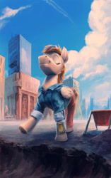 Size: 3000x4787 | Tagged: safe, artist:hunternif, imported from derpibooru, oc, oc only, pegasus, pony, fallout equestria, absurd resolution, building, clothes, cloud, commission, content, eyes closed, male, pipbuck, sky, smiling, solo, stallion