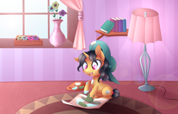 Size: 4200x2712 | Tagged: safe, artist:scarlet-spectrum, imported from derpibooru, fresh coat, pony, unicorn, absurd resolution, backwards ballcap, baseball cap, book, bookshelf, cap, clothes, curtains, cute, female, filly, floppy ears, flower, hat, hoof painting, lamp, lens flare, oversized clothes, paint, paint on fur, painting, paper, smiling, solo, vase, weapons-grade cute, window, younger