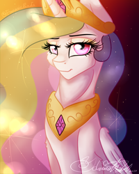 Size: 800x1000 | Tagged: safe, artist:fanaticpanda, imported from derpibooru, princess celestia, alicorn, pony, crown, female, jewelry, lidded eyes, looking at you, mare, peytral, regalia, solo