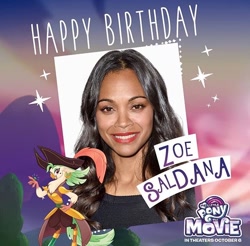 Size: 640x630 | Tagged: safe, imported from derpibooru, captain celaeno, anthro, human, my little pony: the movie, happy birthday, irl, irl human, photo, zoe saldana