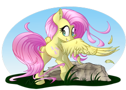 Size: 1400x1000 | Tagged: safe, artist:sentireaeris, imported from derpibooru, fluttershy, pegasus, pony, butt, feather, featureless crotch, female, grass, happy, looking back, mare, plot, rock, simple background, smiling, solo, spread wings, transparent background, wings