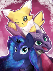 Size: 2621x3500 | Tagged: safe, artist:gab0o0, imported from derpibooru, princess luna, dragon, pony, renamon, crossover, cynder, digimon, dragoness, female, looking at you, male, mare, pink background, simple background, spyro the dragon, spyro the dragon (series), the legend of spyro, trio