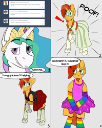 Size: 1550x1943 | Tagged: safe, artist:starrypallet, imported from derpibooru, princess celestia, sunburst, pony, ask princess sunburst, ask, clothes, crossdressing, dress, female, girly, glasses, male, rainbow socks, skirt, socks, stallion, striped socks, text, trollestia, tumblr