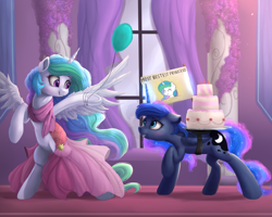 Size: 1000x800 | Tagged: safe, artist:vanillaghosties, imported from derpibooru, princess celestia, princess luna, alicorn, pony, balloon, best princess, bound wings, cake, celestia day, clothes, cute, cutelestia, dessert, dress, duo, female, food, mare, present, raised hoof, rearing, royal sisters, sisters, smiling, underhoof