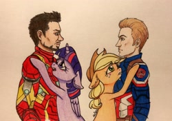 Size: 3292x2312 | Tagged: safe, artist:ameliacostanza, imported from derpibooru, applejack, twilight sparkle, alicorn, human, pony, captain america, captain america: civil war, commission, crossover, intervention, iron man, steve rogers, tony stark, traditional art, twilight sparkle (alicorn)