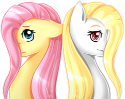 Size: 1280x1018 | Tagged: safe, artist:ladyunilove, imported from derpibooru, banner mares, crescendo, fluttershy, pegasus, pony, back to back, bust, colored pupils, duo, female, mare, portrait, simple background, transparent background