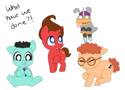 Size: 941x677 | Tagged: safe, artist:lazycast, imported from derpibooru, dog, earth pony, pegasus, pony, robot, unicorn, :p, action figure, carl wheezer, flying, glasses, goddard, inhaler, jimmy neutron, jimmy neutron: boy genius, ponified, robot dog, sheen estevez, sheen estévez, simple background, sneezing, tongue out, ultra lord, what has science done, white background