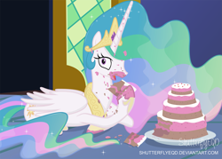 Size: 2737x1961 | Tagged: safe, artist:shutterflyeqd, imported from derpibooru, princess celestia, alicorn, pony, cake, cakelestia, caught, celestia day, crown, cute, cutelestia, female, food, jewelry, looking at you, mare, messy eating, regalia, solo, that pony sure does love cakes