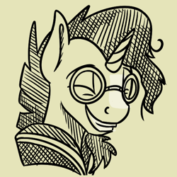 Size: 512x512 | Tagged: safe, artist:couchcrusader, imported from derpibooru, sunburst, pony, bust, glasses, male, simple background, smiling, solo, stallion, sunburst's glasses, yellow background