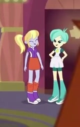 Size: 217x341 | Tagged: safe, imported from derpibooru, screencap, cloudy kicks, tennis match, equestria girls, mirror magic, spoiler:eqg specials, background human, boots, clothes, cropped, duo, duo female, eyes closed, female, ponytail, smiling