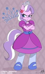 Size: 900x1475 | Tagged: safe, artist:kirrol, artist:ss2sonic, color edit, edit, imported from derpibooru, diamond tiara, anthro, unguligrade anthro, angry, annoyed, clothes, colored, cross-popping veins, crossed arms, cute, cutie mark background, diamondbetes, dress, female, grumpy, pointe, sash, shoes, signature, solo