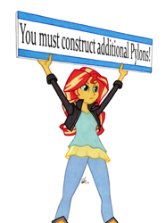 Size: 761x1024 | Tagged: safe, artist:manly man, edit, imported from derpibooru, sunset shimmer, equestria girls, additional pylons, exploitable meme, female, meme, pylons, sign, solo, starcraft, sunset's board, text