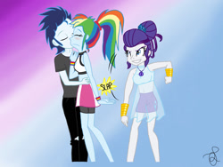 Size: 1024x768 | Tagged: safe, artist:ilaria122, imported from derpibooru, rainbow dash, rarity, soarin', equestria girls, clothes, compression shorts, draw the squad, equestria girls-ified, hair bun, high five, low five, male, midriff, ponytail, ripped pants, see-through, shipping, skirt, soarindash, straight