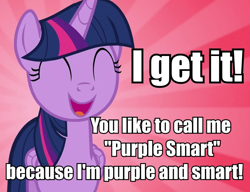 Size: 831x638 | Tagged: safe, edit, edited screencap, imported from derpibooru, screencap, twilight sparkle, alicorn, pony, all bottled up, adorkable, captain obvious, cute, dork, eyes closed, female, happy, image macro, meme, nickname, purple smart, smiling, solo, twiabetes, twilight sparkle (alicorn)