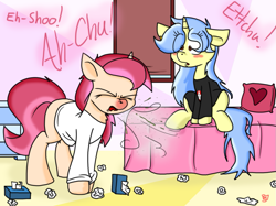 Size: 1023x764 | Tagged: safe, artist:rainysunshine, imported from derpibooru, oc, oc only, oc:poppy seed, oc:viewing pleasure, pony, tumblr:ask viewing pleasure, bed, clothes, cold, commission, female, mucus, nostril flare, oversized clothes, oversized shirt, red nosed, shirt, sick, sitting, sneeze cloud, sneeze spray, sneezing, snot, spray, tissue, tissue box
