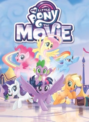 Size: 1162x1600 | Tagged: safe, idw, imported from derpibooru, applejack, fluttershy, pinkie pie, rainbow dash, rarity, spike, twilight sparkle, alicorn, dragon, pony, my little pony: the movie, spoiler:comic, canterlot, cover, crystal empire, mane six, movie adaptation, twilight sparkle (alicorn)