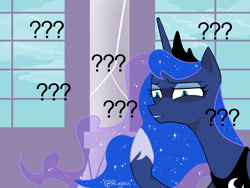 Size: 1024x768 | Tagged: safe, artist:extraluna, imported from derpibooru, princess luna, alicorn, pony, confused, crown, female, jewelry, looking at you, mare, question mark, raised hoof, reaction image, regalia, solo, wtf