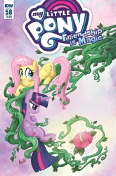 Size: 1054x1600 | Tagged: safe, artist:agnesgarbowska, idw, imported from derpibooru, fluttershy, twilight sparkle, alicorn, pegasus, pony, spoiler:comic, spoiler:comic58, cover, duo, female, flower, magenta bloom, mare, twilight sparkle (alicorn), vine