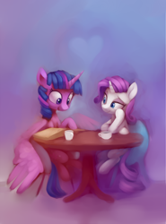 Size: 3600x4858 | Tagged: safe, artist:lilfunkman, imported from derpibooru, rarity, twilight sparkle, alicorn, pony, unicorn, absurd resolution, book, cup, female, heart, lesbian, lidded eyes, mare, rarilight, rarity month, reading, shipping, sitting, smiling, table, twilight sparkle (alicorn)