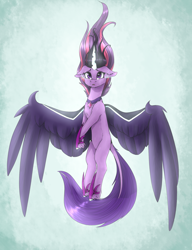 Size: 1024x1336 | Tagged: safe, artist:nika-rain, imported from derpibooru, sci-twi, twilight sparkle, alicorn, pony, equestria girls, friendship games, chest fluff, crying, dock, ear fluff, equestria girls ponified, female, floppy ears, flowing mane, flying, mare, midnight sparkle, ponified, scene interpretation, solo, spread wings, unshorn fetlocks, wings