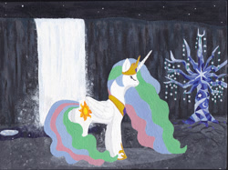 Size: 1428x1069 | Tagged: safe, artist:malte279, imported from derpibooru, princess celestia, tree of harmony, alicorn, pony, acrylic painting, eyes closed, female, night, solo, traditional art