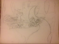 Size: 3264x2448 | Tagged: safe, artist:mlpcreationist, imported from derpibooru, oc, oc only, oc:crystal vision, oc:umbra, dracony, hybrid, alternate universe, brother and sister, bush, female, forest, growling, hill, male, pond, ripples, road, scenery, spikes, traditional art, tree