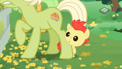 Size: 1600x900 | Tagged: safe, imported from derpibooru, screencap, bright mac, goldie delicious, granny smith, earth pony, pony, the perfect pear, baby, baby pony, bow, colt, cropped, female, foal, male, mare, mother and son, raised hoof, young granny smith, younger