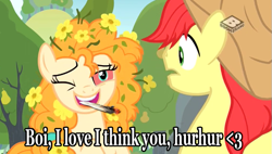 Size: 639x364 | Tagged: safe, edit, edited screencap, imported from derpibooru, screencap, bright mac, pear butter, pony, the perfect pear, 420, bloodshot eyes, boomerang (tv channel), cowboy hat, drugs, flower, flower in hair, hat, high, marijuana, stetson, stoned