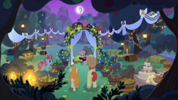 Size: 1024x576 | Tagged: safe, imported from derpibooru, screencap, bright mac, burnt oak, cup cake, mayor mare, pear butter, pony, the perfect pear, apple tree, boomerang (tv channel), brightbutter, chiffon swirl, female, male, mare in the moon, marriage, moon, night, non-dyed mayor, pear tree, shipping, straight, tree, wedding, younger