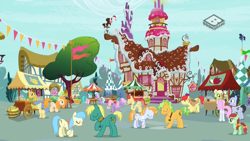 Size: 1024x576 | Tagged: safe, imported from derpibooru, screencap, bright mac, candy apples, chelsea porcelain, grand pear, granny smith, honey bulb, ivy jive, mountain tune, mr. waddle, pear butter, pearly stitch, spring harvest, vibrant melody, earth pony, pony, the perfect pear, apple family member, background pony, boomerang (tv channel), brightbutter, colt, dancing, female, filly, male, mare, shipping, stallion, straight, sugarcube corner, unnamed character, unnamed pony