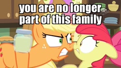 Size: 1024x576 | Tagged: safe, edit, edited screencap, imported from derpibooru, screencap, apple bloom, applejack, earth pony, pony, the perfect pear, abuse, angry, apple sisters, applebuse, applejerk, boomerang (tv channel), dishonorapple, disowned, female, filly, foal, image macro, mare, meme, out of character, pear, pear jam, shunning, sisters, that pony sure does hate pears, verbal abuse