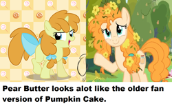 Size: 1102x680 | Tagged: safe, artist:egophiliac, edit, imported from derpibooru, pear butter, pumpkin cake, pony, the perfect pear, female, filly, fridge brilliance, implied reincarnation, mind blown, older