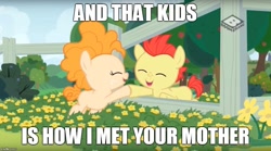 Size: 900x499 | Tagged: safe, edit, edited screencap, imported from derpibooru, screencap, bright mac, pear butter, pony, the perfect pear, baby, baby pony, brightbutter, female, hoofbump, how i met your mother, male, shipping, straight