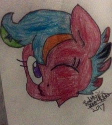 Size: 1219x1357 | Tagged: safe, artist:theanimefanz, imported from derpibooru, oc, oc only, oc:zoe spacehead, pony, floating head, meta, multicolored hair, solo, traditional art, twitter