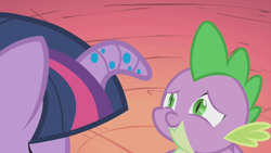 Size: 1280x720 | Tagged: safe, imported from derpibooru, screencap, spike, twilight sparkle, dragon, bridle gossip, floppy horn, horn, lip bite, twilight flopple