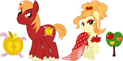 Size: 2041x1014 | Tagged: safe, artist:bronybyexception, imported from derpibooru, applejack, oc, oc:iron pyrite, oc:orange tart, pony, the perfect pear, applejewel, clothes, cutie mark, dress, eyepatch