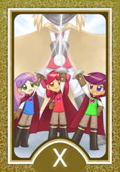 Size: 1200x1728 | Tagged: safe, artist:howxu, imported from derpibooru, apple bloom, scootaloo, sweetie belle, human, cape, clothes, commission, cutie mark crusaders, gloves, humanized, looking up, musketeer, rapier, smiling, sword, tarot, tarot card, the three musketeers, trio, weapon, wheel of fortune