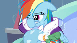 Size: 300x168 | Tagged: safe, imported from derpibooru, screencap, rainbow dash, tank, pegasus, pony, tortoise, tanks for the memories, bathrobe, clothes, crying, cute, daaaaaaaaaaaw, dashabetes, dashie slippers, duo, duo male and female, eyes closed, female, floppy ears, hnnng, mare, raised hoof, sleeping, slippers, tankabetes, wiping