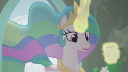 Size: 2560x1440 | Tagged: safe, artist:brutalweather studio, imported from derpibooru, princess celestia, alicorn, pony, a little incident (animation), cute, cutelestia, female, glowing horn, horn, i can't believe it's not hasbro studios, magic, mug, show accurate, solo, youtube link