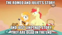 Size: 924x533 | Tagged: safe, edit, edited screencap, imported from derpibooru, screencap, bright mac, pear butter, pony, the perfect pear, brightbutter, female, image macro, male, meme, romeo and juliet, shipping, straight