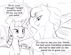 Size: 3300x2550 | Tagged: safe, artist:silfoe, imported from derpibooru, princess luna, twilight velvet, pony, royal sketchbook, bags under eyes, dialogue, grayscale, monochrome