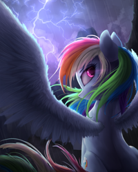 Size: 800x1000 | Tagged: safe, artist:vanillaghosties, imported from derpibooru, rainbow dash, pegasus, pony, backwards cutie mark, female, lightning, looking at you, looking back, mare, multicolored hair, rain, solo, spread wings, wings