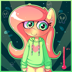 Size: 750x750 | Tagged: safe, artist:hoodie, imported from derpibooru, fluttershy, pegasus, pony, semi-anthro, bipedal, clothes, female, hoodie, mare, simple background, solo, sweat