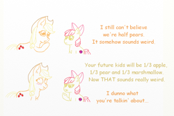 Size: 1200x800 | Tagged: safe, artist:eulicious, imported from derpibooru, apple bloom, applejack, the perfect pear, blatant lies, blushing, comic, implied lesbian, implied rarijack, implied shipping, liarjack, shrunken pupils, simple background, text, white background